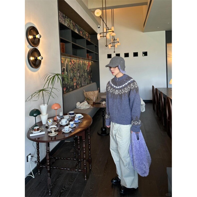 费尔岛立领花纹开衫毛衣男美式复古慵懒紫色针织衫外套zzs143P75,男装针织衫/毛衣,电商D256-1(原A064-1)