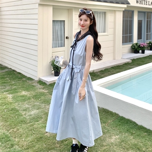 蓝色温柔风甜美别致连衣裙女裙夏季2025收腰显瘦气质无袖a字长裙图片