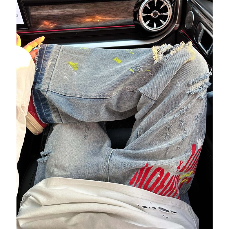美式复古水洗刺绣泼墨破洞牛仔裤设计感宽松阔腿长裤潮,男装牛仔裤,星座1018A