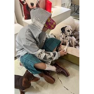 美式复古贴布印花设计连帽卫衣男女宽松开衫帽衫外套图片