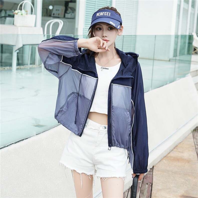 韩版拼接撞色休闲风连帽防晒外套女2025夏季新款时尚宽松防晒上衣，女装短外套，安之芮娜