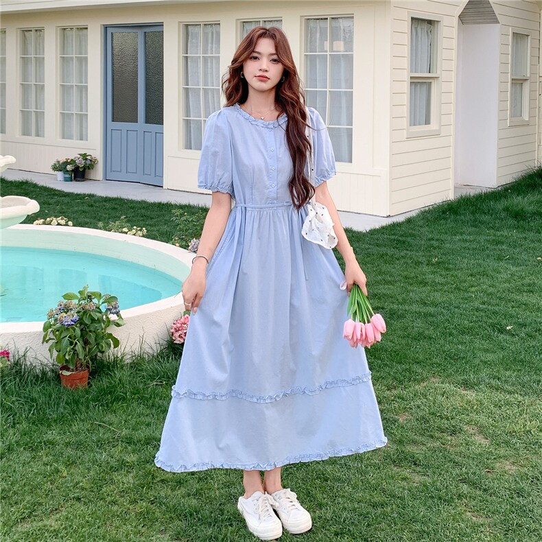韩版甜美洋气减龄木耳边连衣裙女2025夏季新款学院风收腰显瘦长裙,女装连衣裙,2C273