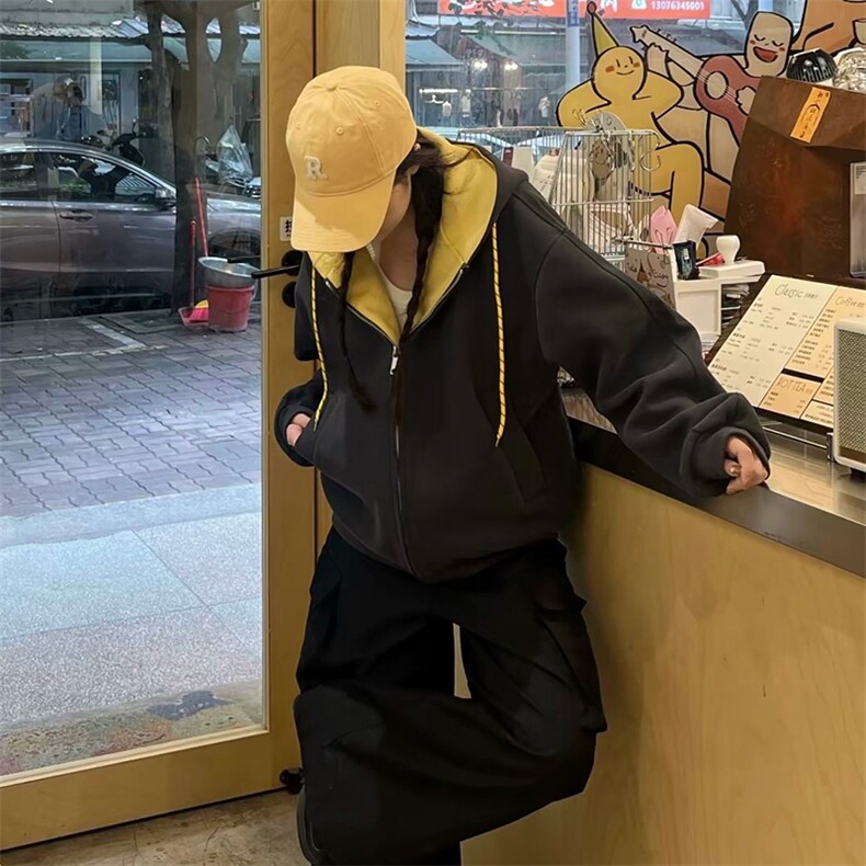抖音得物二开美式高街重磅结构双层撞色连帽卫衣开衫外套W116,男装卫衣,电商A486