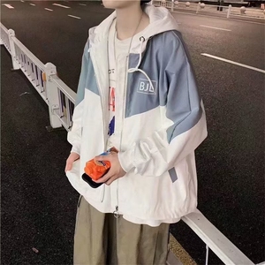 夹克青春流行连帽男收口袖加绒加厚秋冬慵懒长袖潮新款拼接潮流图片