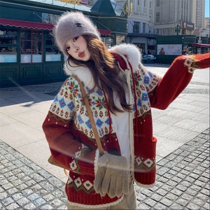 韩系宽松连帽红色毛衣外套女2025年秋冬新款穿搭慵懒风针织开衫潮