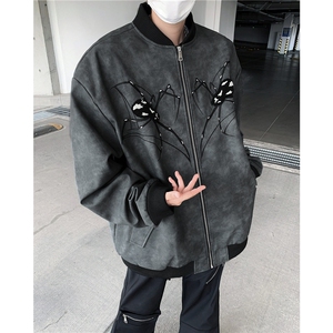 DJK8555-P80春秋美式蜘蛛刺绣pu皮夹克男女款拉链宽松百搭棒球服图片