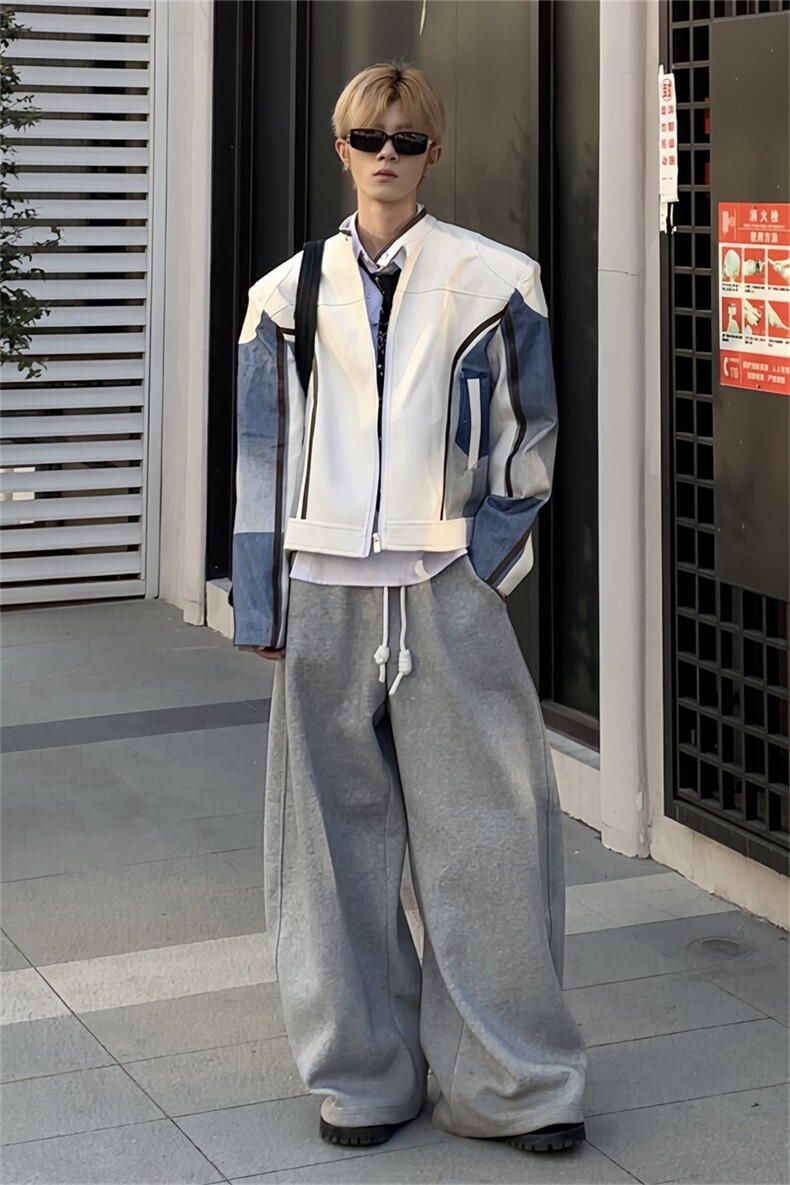 立领垫肩牛仔拼接机车PU皮衣夹克男2025春秋新款小众宽松痞帅外套,男装夹克,星座505-2（原电商A260-1)