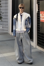 立领垫肩牛仔拼接机车PU皮衣夹克男2025春秋新款小众宽松痞帅外套，男装夹克，星座505-2（原电商A260-1)