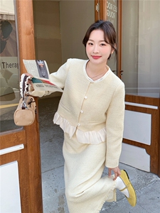 现货-2026年春季纯色拼接花边休闲时尚小香风两件套套装外套女图片