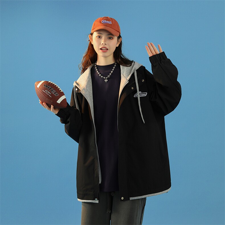 春秋款工装连帽假两件夹克潮流拼色宽松冲锋衣外套JK8310-P65,男装夹克,电商B306