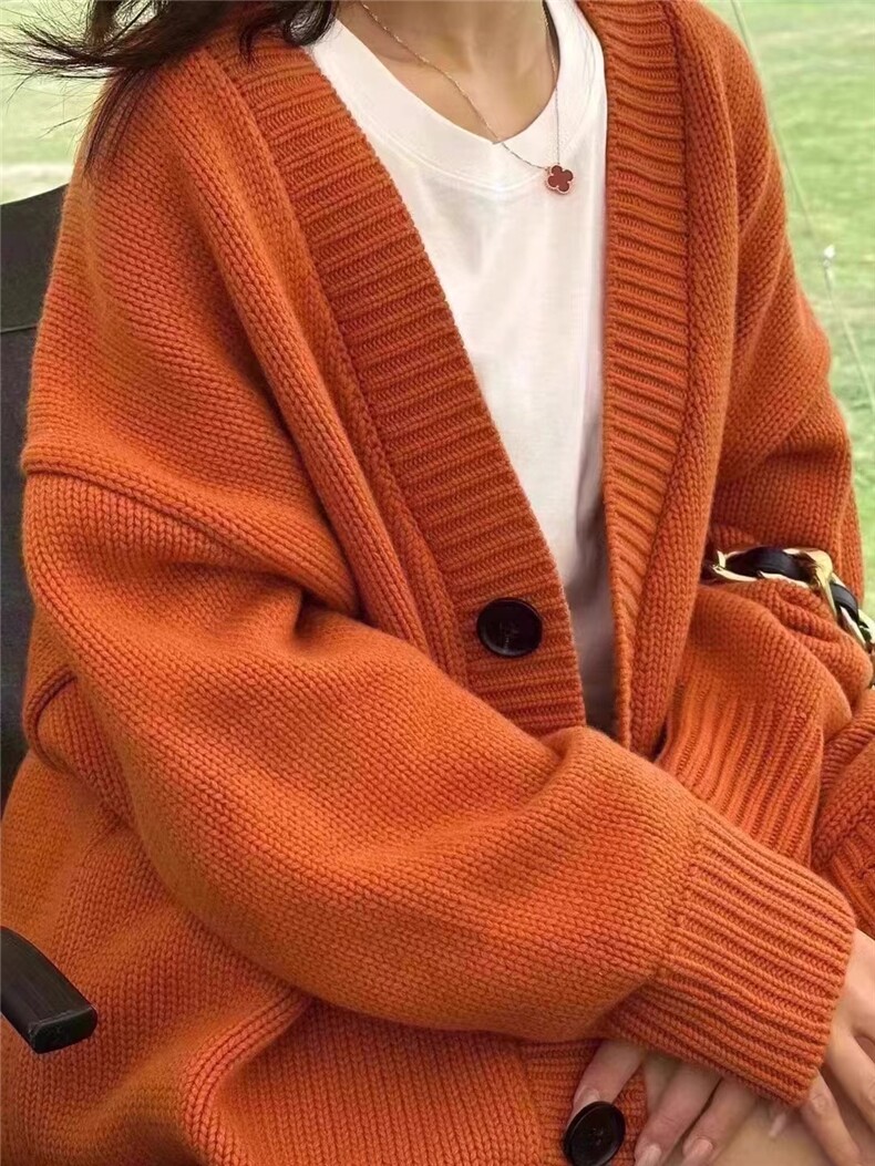 欧洲站秋冬大V领羊绒开衫女中长款宽松加厚毛衣100羊毛针织外套,女装羊毛衫,恒恩羊绒