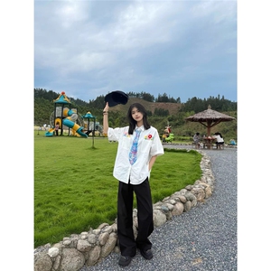 CS363#学院风花朵领带短袖衬衫黑色白色原版高质量图片