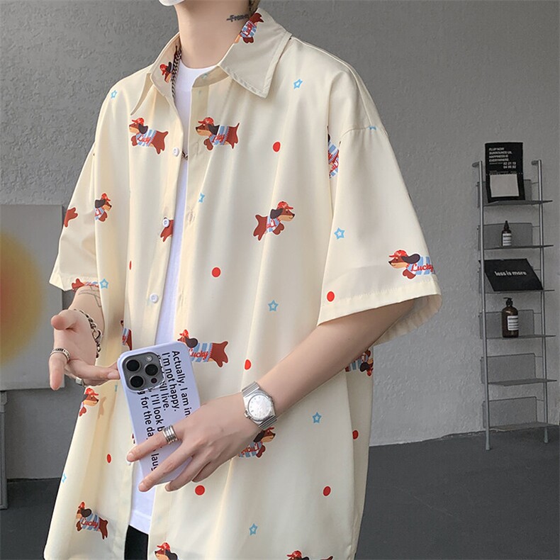 8XL-M腊肠狗花衬衫男短袖夏季冰丝薄款花衬衣寸衫外套DC28003P38图片