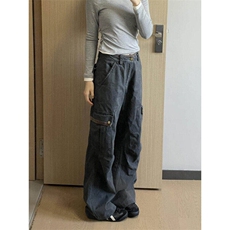 美式高街复古口袋褶皱工装裤男女新款街头宽松直筒裤子K6099-P64，男装休闲裤，星座412-1