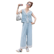 轻熟风韩系薄款蕾丝拼接连帽牛仔马甲套装女夏新款休闲长裤两件套，女装套装/套裙，时尚风爆