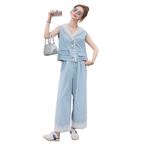 轻熟风韩系薄款蕾丝拼接连帽牛仔马甲套装女夏新款休闲长裤两件套图片