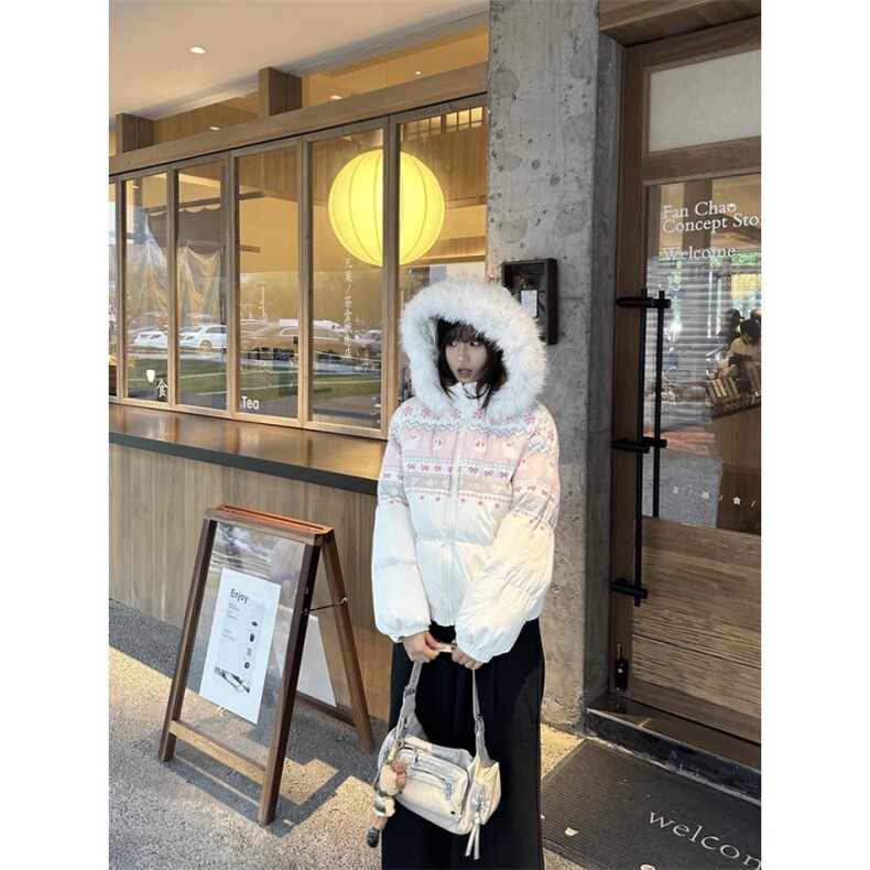 1506A/G78180/P89美式复古雪花兔子印花毛领连帽棉服外套女秋冬,男装棉衣,星座1506A