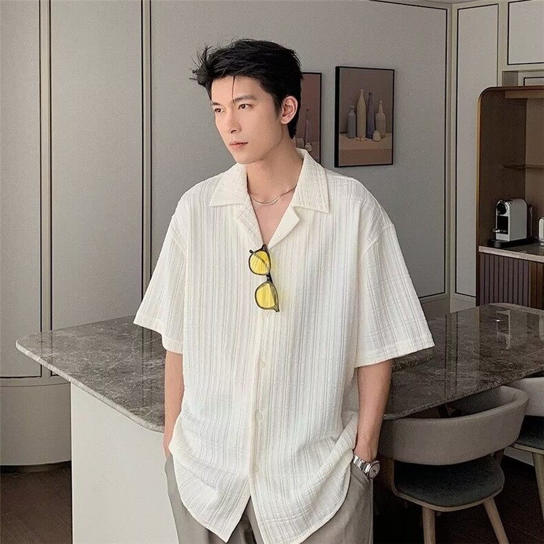 短袖衬衫男夏季薄款宽松痞帅韩暗格纹衬衣百搭潮流上衣CS291,男装T恤,星座516A