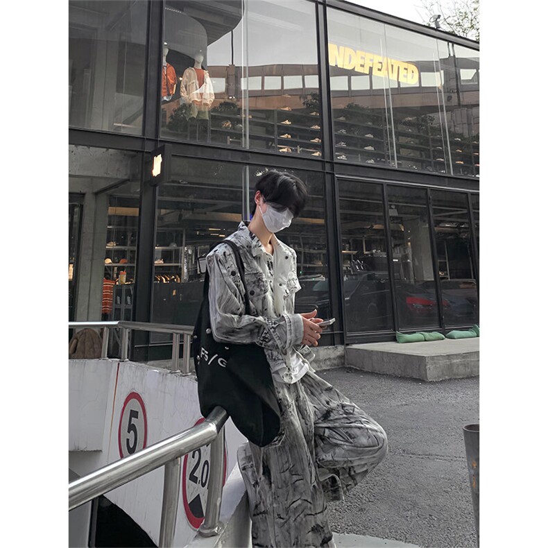 牛仔外套套装高级感痞帅一套扎染微喇裤JK100特P90NZ100特P65,男装工装外套,星座908-1