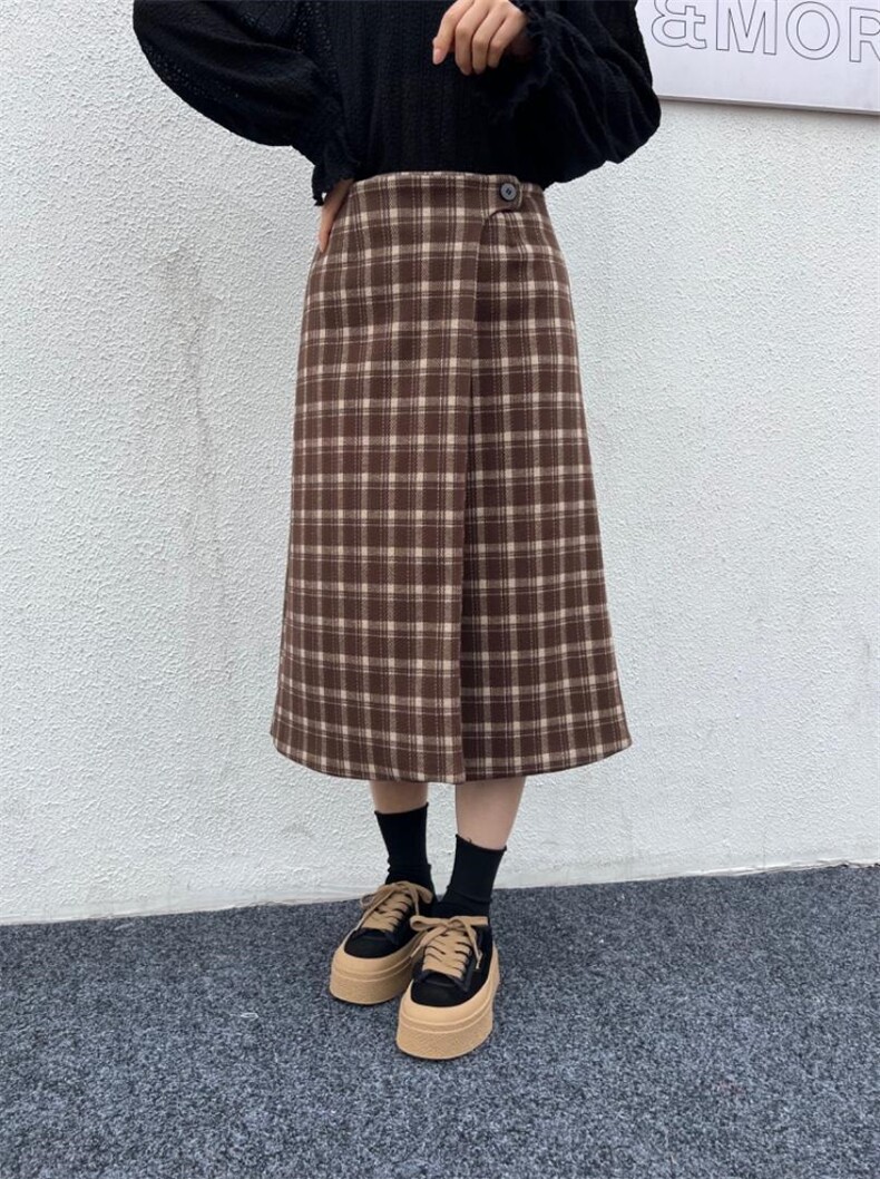 加绒一粒扣羊毛格子裙，其它，昕叶良品