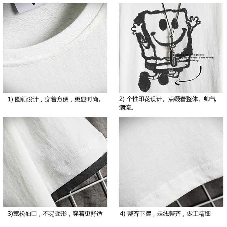 JT55245-P25海绵宝宝假两件短袖t恤男大码胖子体恤半截袖网格,男装T恤,电商A040A