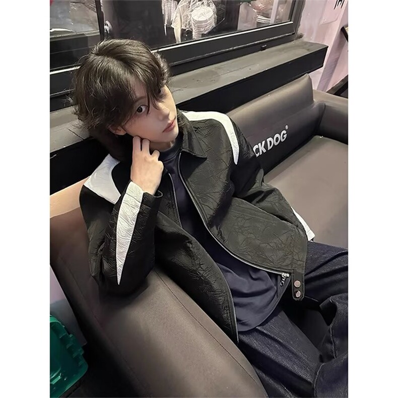 高级感撞色拼接褶皱夹克港风chic轻奢休闲飞行外套男生JKS06,男装夹克,星座516A