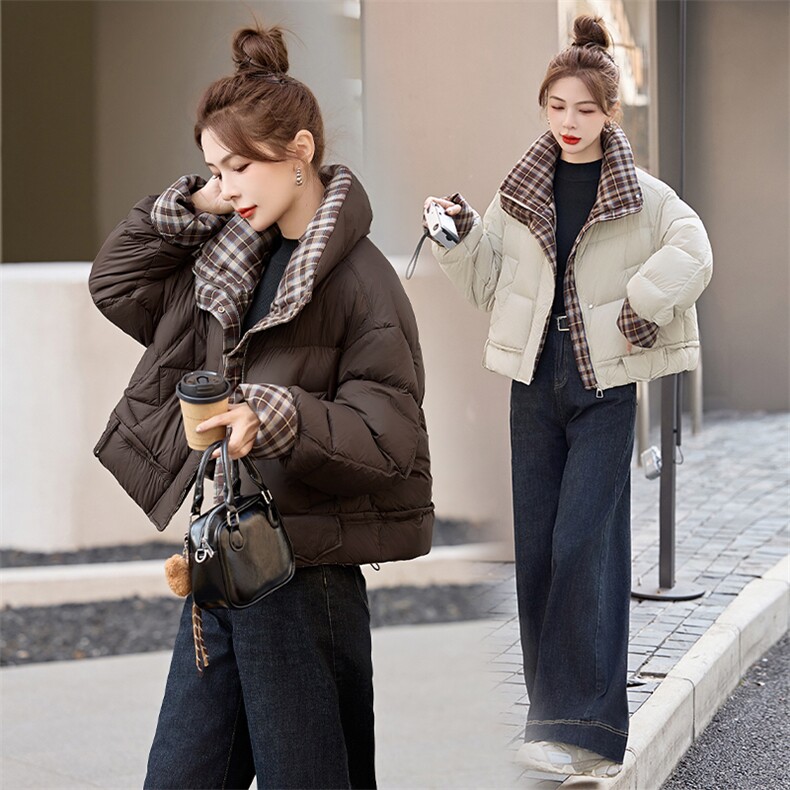 短款羽绒服女2024冬季新款小个子高级感超好看洋气拼接格子面包服,女装羽绒服,艾尚靓装