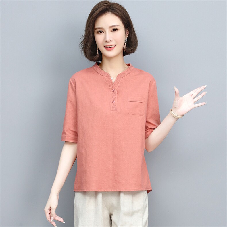 棉麻女2025夏季新款中年妈妈时尚大码休闲洋气减龄亚麻,女装T恤,忆绮罗