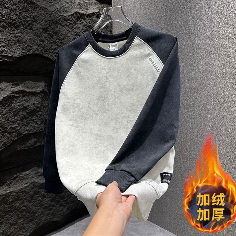 韩版圆领男士卫衣加绒加厚撞色设计感休闲衣服青年扎染上衣轻奢风,男装卫衣,星座813-2