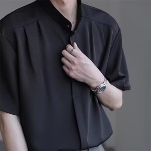 新中式立领男士衬衫短袖夏季冰丝痞帅高级感男装五分中袖无领衬衣图片