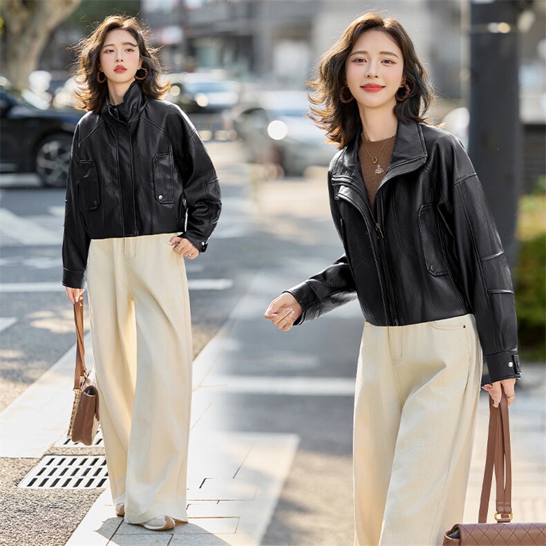 海宁2025新款气质时尚百搭拉链皮衣外套女高级感立领夹克,女装皮衣,美拉德工厂直营店
