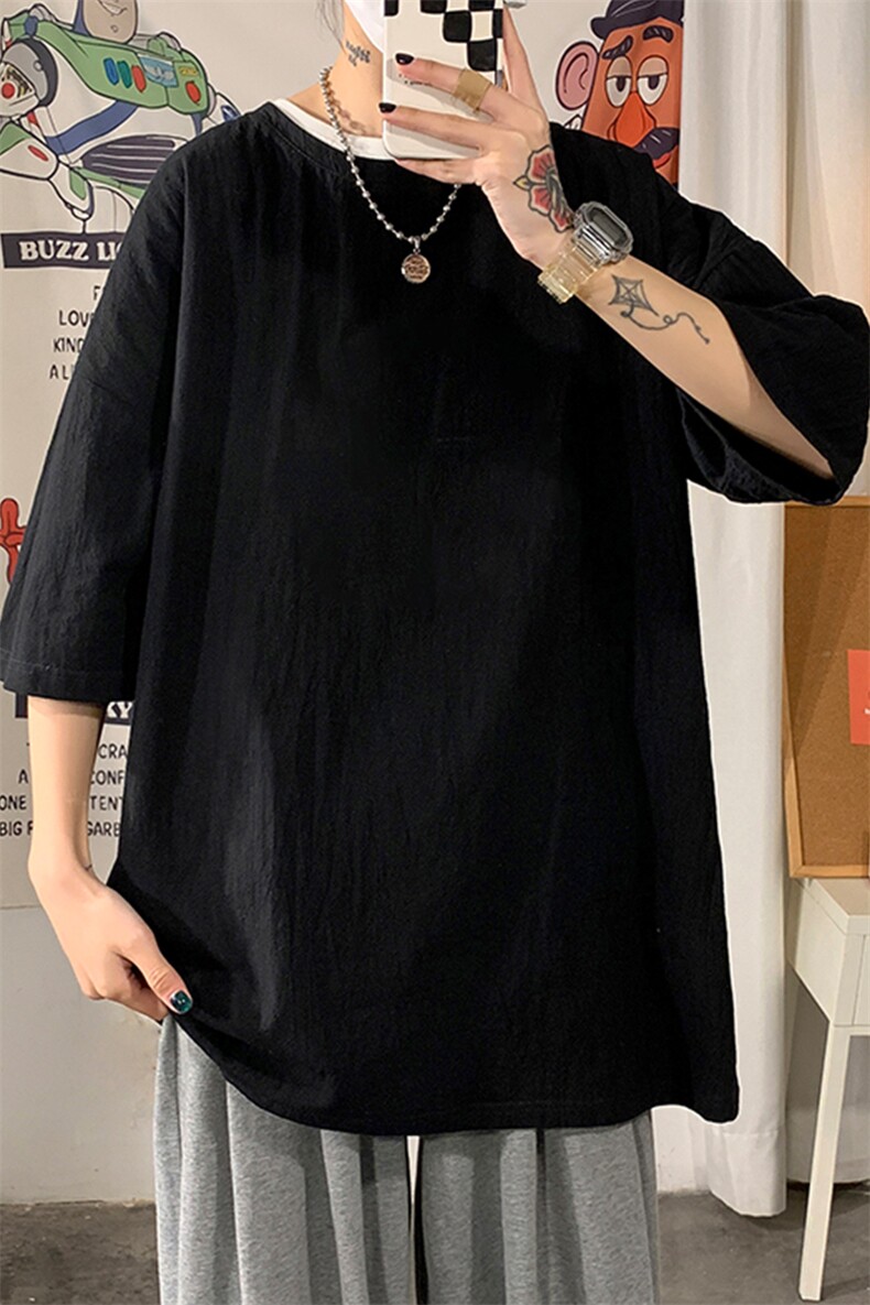 YT26099-P30亚麻短袖t恤男大码五分袖男宽松七分袖海报风,男装T恤,电商A040