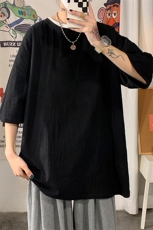 YT26099-P30亚麻短袖t恤男大码五分袖男宽松七分袖海报风，男装T恤，电商A040