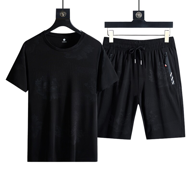 5886+A09男士2023年春夏新款透气速干短袖T恤短裤冰丝三件套，男装休闲套装，电商B360