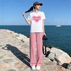 女夏新款韩版运动休闲套装圆领爱心印花镶钻T恤粉色阔腿裤两件套，女装套装/套裙，江南