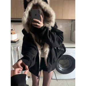 [网图]猫耳毛领夹棉衣座山雕连帽麂皮外套女 5D4092-TP100178图片