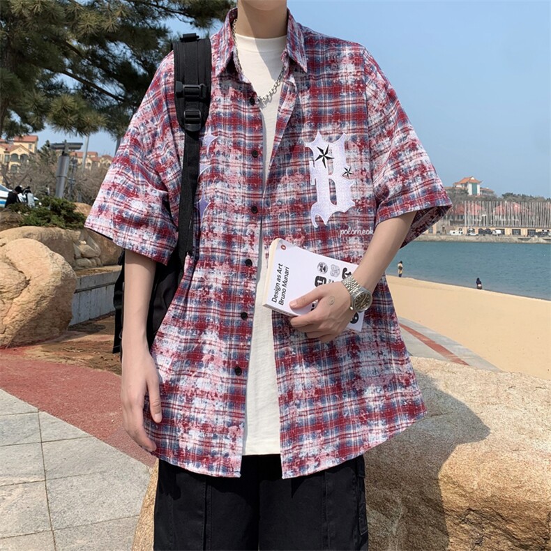 夏季新款港风美式扎染字母刺绣翻领格子宽松短袖衬衫男ZC742-P35,男装T恤,星座313A(原308A-2)