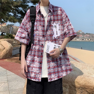 夏季新款港风美式扎染字母刺绣翻领格子宽松短袖衬衫男 ZC742-P35图片