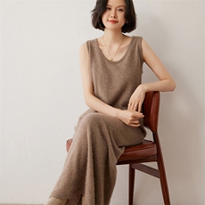 优雅气质无袖羊绒长裙显瘦温柔风针织连衣裙，女装连衣裙，米琪莲羊绒