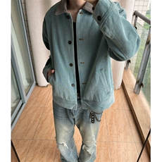 宽松翻领撞色美式休闲灯芯绒配色慵懒风学生水洗绿色牛仔夹克外套，男装工装外套，星座601-1