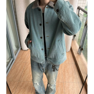宽松翻领撞色美式休闲灯芯绒配色慵懒风学生水洗绿色牛仔夹克外套图片