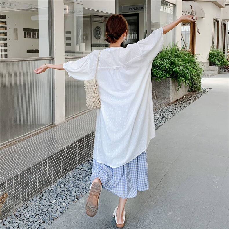 松弛感圆领衬衫连衣裙两件套女2025夏新款超火流行叠穿格子半身裙,女装套装/套裙,2C201