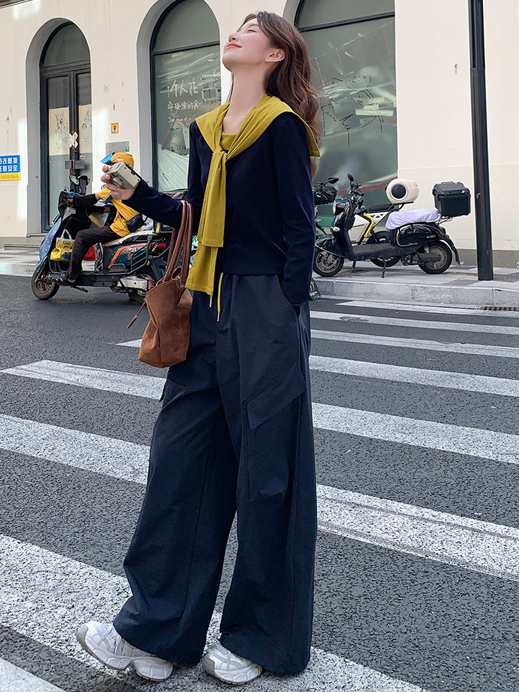 慵懒风撞色披肩长袖上衣工装阔腿裤两件套女2025秋季新款休闲套装,女装套装/套裙,纯色衣恋