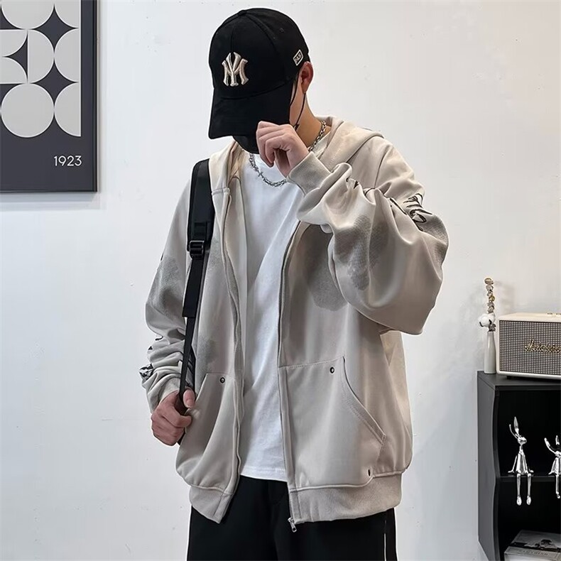 美式贴布泥染做旧卫衣外套女男同款潮牌情侣拉链开衫2026新款W37,男装卫衣,星座506