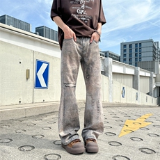 美式高街3D打印废土风直筒微喇vibe牛仔裤春秋季新款破洞痞帅裤子，男装牛仔裤，星座601-1