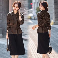时尚慵懒套装裙2025秋新款韩系甜酷PU外套减龄吊带连衣裙两件套，女装套装/套裙，冬木谷雨