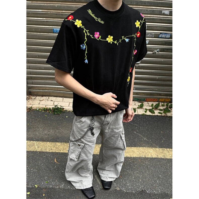 高街花卉刺绣设计感短袖男女潮牌宽松重磅空气层情侣T恤T83,男装T恤,星座1116A（原606A-3）