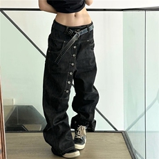 美式复古弯曲长排扣设计牛仔裤男秋季流行高街宽松阔腿拖地长裤潮，男装牛仔裤，星座813-3