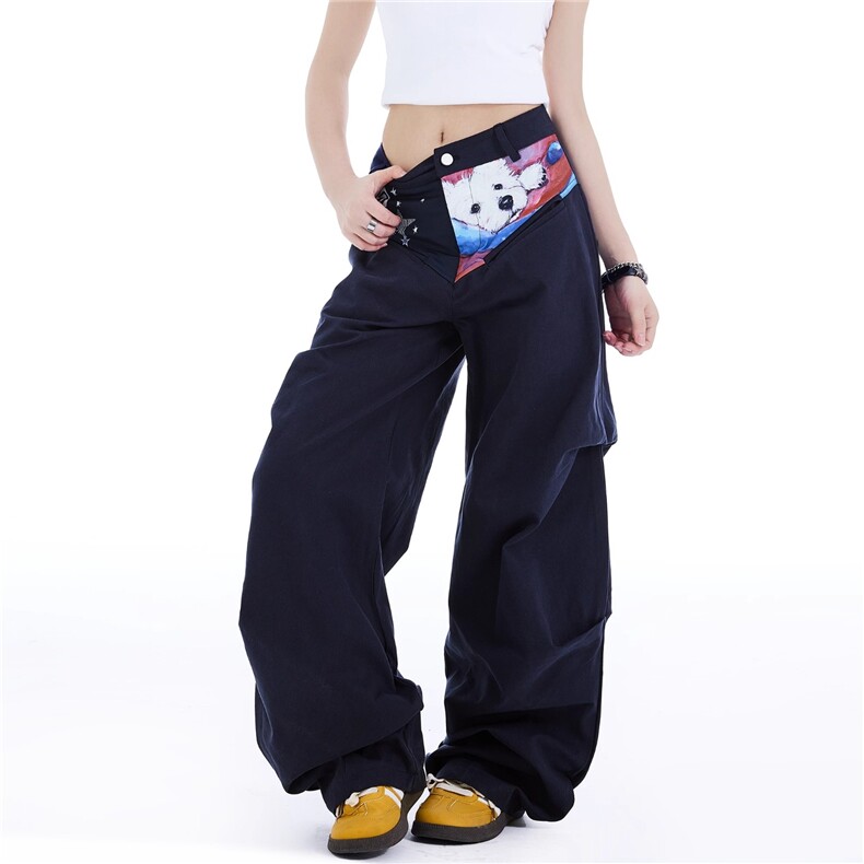 KOIISLE美式猫咪印花设计感宽松直筒休闲裤男女复古阔腿微喇裤子，女装休闲裤，星座1210-1
