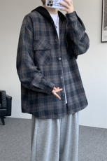 美式复古连帽格子衬衫大码磨毛长袖衬衣慵懒风宽松外套CS9007/P55，男装衬衫，电商B238